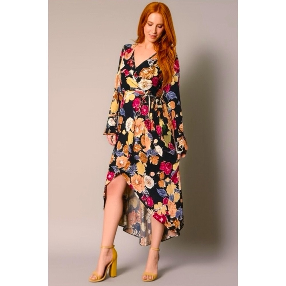 New BAND OF THE FREE Boho Floral Multi Hi-Lo Wrap Maxi Dress Long Sleeve Hippie